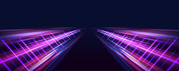 Poster - Panoramic high-speed technology concept with abstract light trails and glowing neon colors in blue, yellow, and orange, representing the rapid motion and energy in a futuristic environment.
