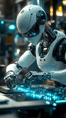 Fototapete - A futuristic robot assembling components with glowing lights in a high-tech environment.