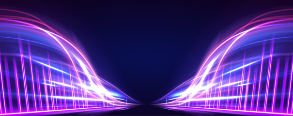 Poster - Isometric view of an AI chipset on a circuit board, illuminated with light trails and swirling optical fibers, set against a neon-colored space representing speed and futuristic technology.