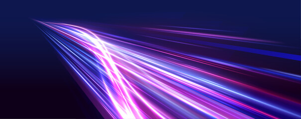 Fototapete - Long exposure, light painting photography. Vibrant streaks of neon blue and pink color against a black background. City road car light trails motion background.	