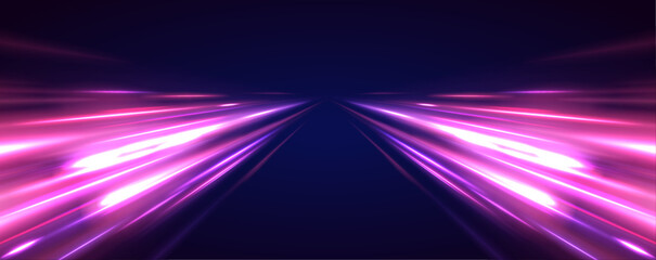 Poster - Panoramic high speed technology concept, light abstract background. High-speed light trails effect. Purple glowing wave swirl, impulse cable lines.	