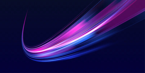 Poster - Light trails on road at night. Abstract futuristic neon background with glowing ascending lines. Racing cars dynamic flash effects city road with long exposure night ligh. 