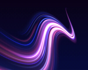 Poster - Bright glowing line of new technologies on dark background in neon colors. Beautiful glow light flare and spark. Dynamic abstract vector art with flowing lines in vibrant pink, purple.	