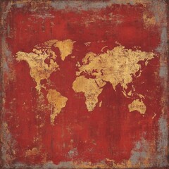  Abstract World Map With Golden Textures On Red Background