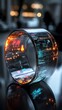 © DudeDesignStudio - A futuristic transparent bracelet displaying vibrant digital data and information.