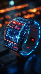 Fototapete - A futuristic digital watch with glowing elements and a transparent design.