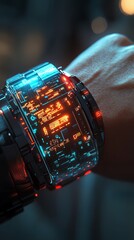 Aufkleber - A futuristic, glowing smartwatch displaying intricate digital patterns on a wrist.