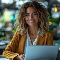 Fototapete - A confident business woman in modern office environment, smiling with satisfaction while reviewing a lease management report on a tablet or laptop.