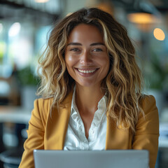 Leinwandbilder - A confident business woman in modern office environment, smiling with satisfaction while reviewing a lease management report on a tablet or laptop.