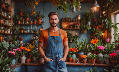 Poster - A man in an orange apron stands in front of a plant nursery. The nursery is filled with various plants and flowers, including a large number of orange flowers
