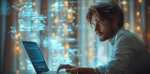 Leinwandbilder - Man, a person in smart casual wear doing research on the Internet.