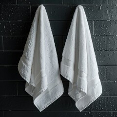 Wall Mural - Two white towels hanging on a black wall with dark grey tiles, raindrops.