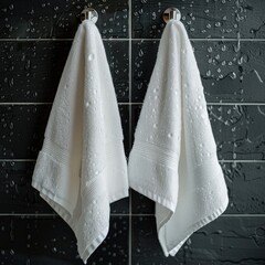 Wall Mural - Two white towels hanging on a black wall with dark grey tiles, raindrops.