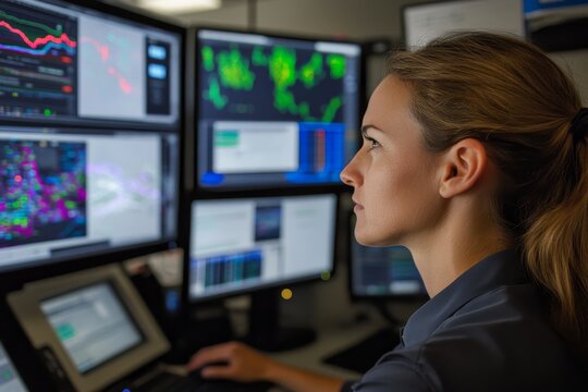Female technician working on multiple computer screens displaying data and graphs in an energy control room.