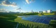 © dreamer - Realistic Shot of a Wind Power Plant with Solar Panels in a Beautiful Landscape Surrounded by Green Hills and Clear Blue Sky