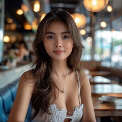 Canvas Print - Beautiful young Thai woman at a modern cafe.