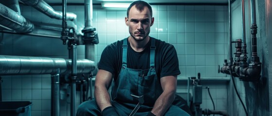 Wall Mural - A detailed view of a plumber in overalls, holding a wrench and looking directly at the camera, with pipes and fittings visible in the background