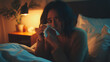 © Rattanapon - Miserable woman sitting on the bed feeling sick with flu, blowing runny nose with paper towels.