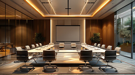 Aufkleber - A luxurious conference room, featuring a large projector screen and an elegant, rectangular layout.