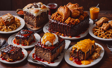 Poster - A table full of desserts including cakes, pies, and other sweet treats. The desserts are arranged on plates and the table is set for a feast