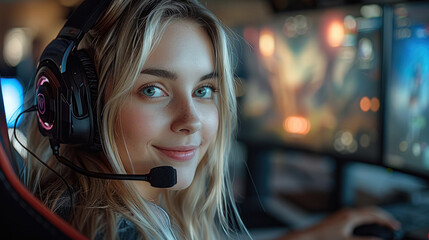 Aufkleber - Beautiful blonde woman with headset sitting in a gaming chair and smiling.