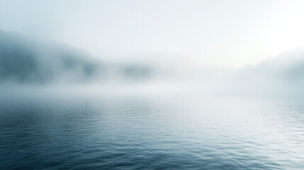 Wall Mural - Serene misty lake surrounded by foggy hills, creating a tranquil and ethereal atmosphere with subtle blue hues at dawn.