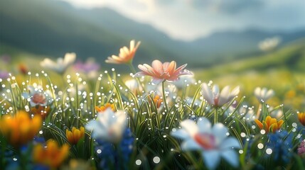 Poster - Close-up of vibrant wildflowers blooming on a lush green grassland, dew drops glistening on the petals under soft sunlight.