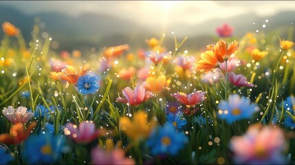 Poster - Close-up of vibrant wildflowers blooming on a lush green grassland, dew drops glistening on the petals under soft sunlight.