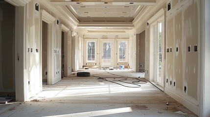 Leinwandbilder - Mansion construction, interior, drywall stage, clean job site.