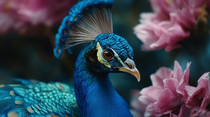 Poster - A stunning peacock showcases its iridescent plumage, surrounded by beautiful pink blossoms in a tranquil garden. The composition highlights the intricate details of nature