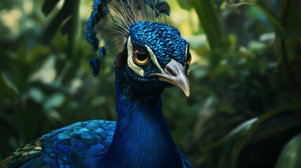 Poster - A striking peacock stands proudly, showcasing its vivid blue and green feathers against a backdrop of rich foliage. The bird's intense gaze captivates, highlighting nature's beauty in detail