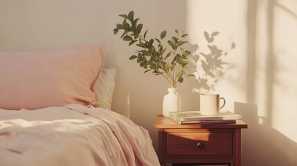 Poster - Soft sunlight pours into a serene bedroom, illuminating a wooden bedside table adorned with a plant, a mug, and stacked books, creating a peaceful atmosphere for morning moments