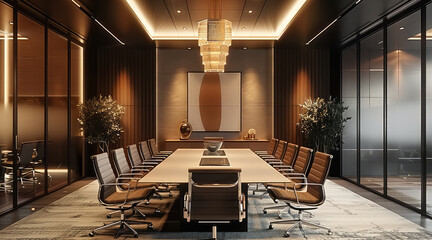 Aufkleber - An executive conference room for 20 people. a neutral color palette, dark accents, leather details.