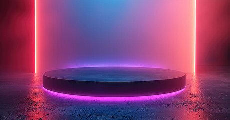 Aufkleber - Black Pedestal of platform display with neon modern stand podium on white room background. Blank Exhibition stage backdrop or empty product shelf.