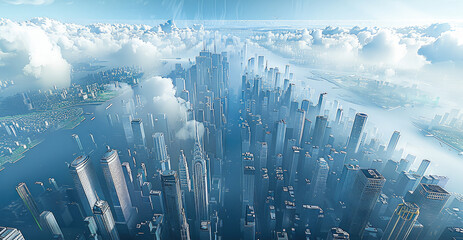 Aufkleber - Holographic city energy grid, eco-efficient systems, futuristic technology layout. Aerial high view.