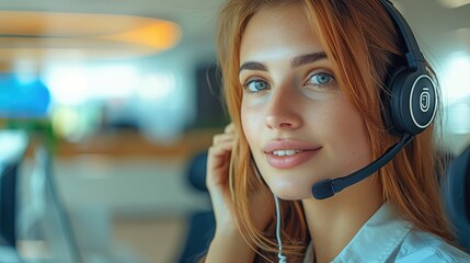 Wall Mural - A woman talking on a phone headset in a real estate office.