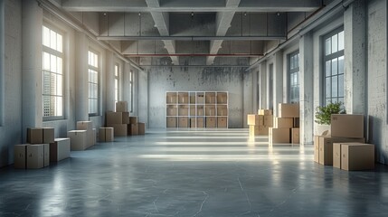 Aufkleber - Empty storage room, dusty, old, few boxes.