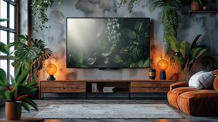 Fototapete - Flat TV on a cabinet, white blank screen mockup with copy space.