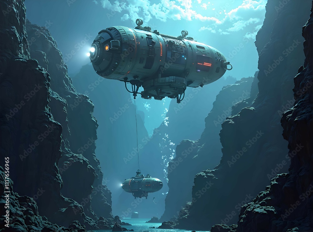 Futuristic submarines navigating through a deep underwater canyon in a ...