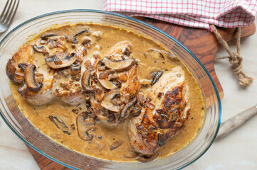 Wall Mural - Baked chicken breast with delicious mushroom cream sauce in a baking dish on kitchen counter