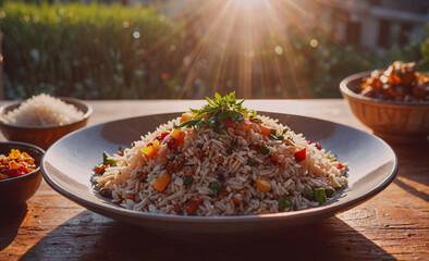 Poster - A plate of rice with vegetables on top. The plate is on a table with other bowls and a cup
