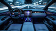 © visoot - Electric Vehicle, interior of a moving electric vehicle, highlighting the advanced technology of electric vehicles through a touch screen, a camera display on the dashboard, and holographic controls.