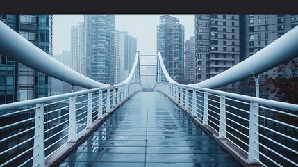 Aufkleber - A modern pedestrian bridge with sleek railings, surrounded by tall buildings, minimalist and clean design with a pale gray background.