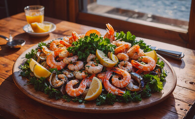 Poster - A large plate of shrimp and lemon is on a wooden table. The plate is full of shrimp and lemon, and there are several pieces of shrimp on the plate