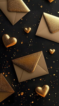 Elegant banner with gold foil love cards and decorative envelopes on dark black solid background Valentine's day vertical greeting card mockup for social media, minimal style, copy space, love wedding