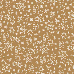 Christmas outline seamless pattern with serpentine, bows, stars on gold background. Perfect for wallpaper, gift paper, winter greeting cards. Vector hand drawn illustration