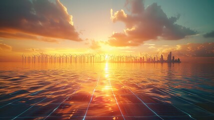 Aufkleber - Solar farms, offshore wind turbines, and a high-tech city powered by renewable energy.