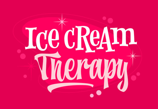 Ice Cream Therapy. Retro-inspired typography on a vibrant pink backdrop, featuring bold lettering, curved swirls, and playful starburst accents. Sweet nostalgia and fun vibes for creative projects