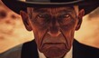 © Snowstudio - close-up of elderly man in black suit and hat stares intently into the camera in desert
