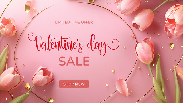 Horizontal Valentine's day banner with elegant text Valentine's day sale. Web banner 16:9 background, romantic luxurious with lettering calligraphy greeting text Soft pink, beige Valentine day concept